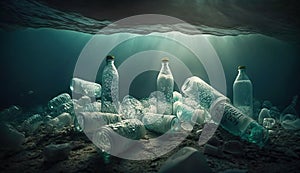 Garbage plastic bottles in the ocean, Generative Ai
