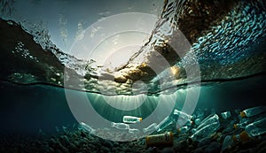 Garbage plastic bottles in the ocean, with rays of sunlight effect, concept of environmental pollution, Generative Ai