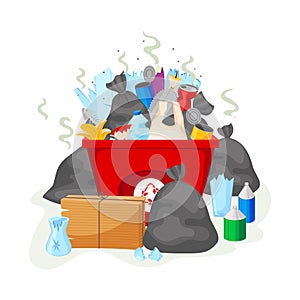 Garbage pollution. Trash pile with stinking bag and container. Unsorted rubbish. Dirty disposal boxes and trashcans photo