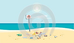 Garbage Pollution Trash on the Sea Sand Beach with No Littering Sign photo
