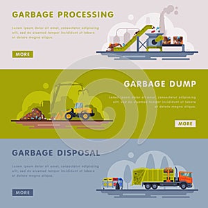 Garbage Processing, Dump, Disposal Landing Page Templates Set, Waste Processing Factory, Industrial Garbage Recycling