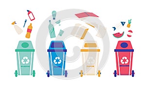 Garbage recycle. Trash bin for different type of waste. Dustbins with metal and glass litter. Paper and plastic rubbish falling