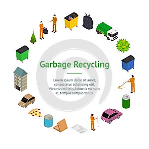 Garbage Recycling Concept Banner Card Circle 3d Isometric View. Vector