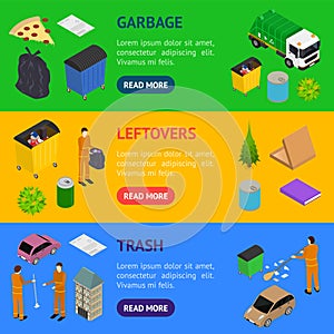 Garbage Recycling Concept Banner Horizontal Set 3d Isometric View. Vector