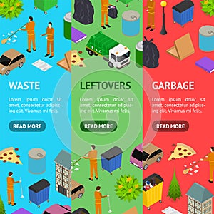 Garbage Recycling Concept Banner Vecrtical Set 3d Isometric View. Vector