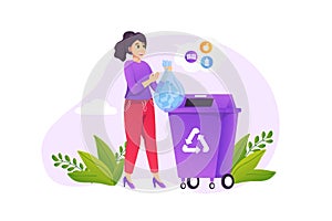 Garbage recycling concept in flat style with people scene.