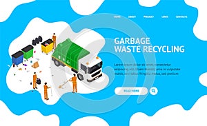 Garbage Recycling Concept Landing Web Page 3d Isometric View. Vector