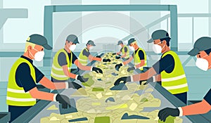 Garbage recycling conveyor. Waste recycling plant workers sorting trash. Waste separation process. People working in ecological