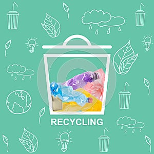 Garbage recycling. Creative collage with dustbin full of plastic bottles on turquoise background