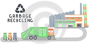 Garbage recycling illustration with plant, trash truck and dumpsters