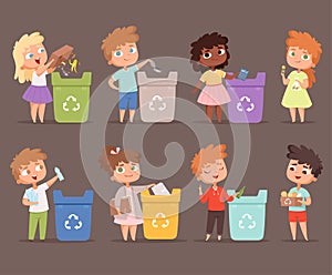 Garbage recycling. Kids protect environment ecology concept save nature collecting paper in bins vector people