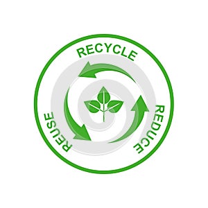 Garbage recycling logo. Vector recycling arrows with the small green leafs. Reuse Reduce Recycle. Conscious consumption.reuse