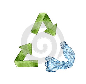 Garbage recycling sign and plastic bottle watercolor