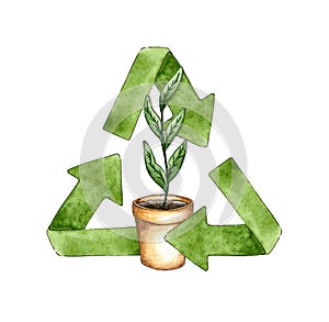 Garbage recycling sign and potted plant watercolor