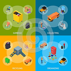 Garbage Recycling Signs 3d Banner Set Isometric View. Vector