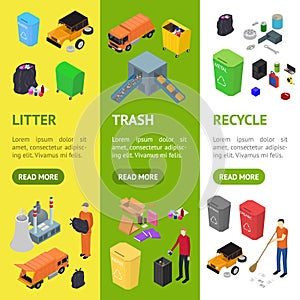 Garbage Recycling Signs 3d Banner Vecrtical Set Isometric View. Vector