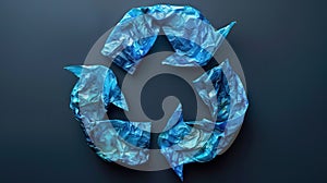 Garbage recycling symbol, made from blue crumpled trash bags or other plastic. Generative AI