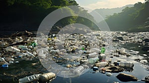 Garbage on the river. Plastic water bottles pollution. Environment concept. Natural disaster. AI Generated