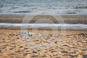 Garbage in the sea with bag plastic bottle and other garbage beach sandy dirty sea on the island / Environmental problem