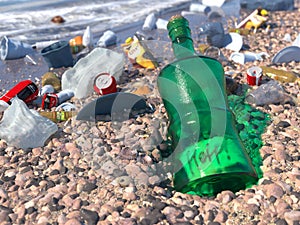 Garbage on the sea beach ecologic concept