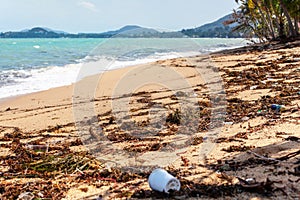 Garbage on sea beach, unsorted rubbish, plastic, glass bottle, metal can, trash, refuse, litter, environmental pollution, ecology