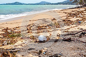 Garbage on sea beach, unsorted rubbish, plastic, glass bottle, metal can, trash, refuse, litter, environmental pollution, ecology