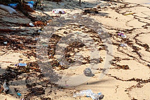 Garbage on sea beach, unsorted rubbish, plastic, glass bottle, metal can, trash, refuse, litter, environmental pollution, ecology