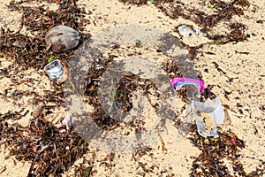 Garbage on sea beach, unsorted rubbish, plastic, glass bottle, metal can, trash, refuse, litter, environmental pollution, ecology