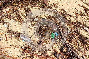 Garbage on sea beach, unsorted rubbish, plastic, glass bottle, metal can, trash, refuse, litter, environmental pollution, ecology