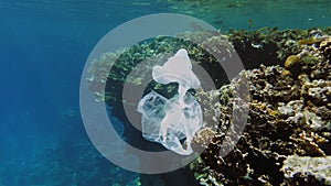 garbage in the sea. Plastic pollution of the sea. used, plastic bags slowly drifting over the coral reef, underwater, in