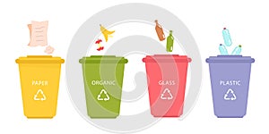 Garbage separation set, bin with trash to separate, infographic educational collection