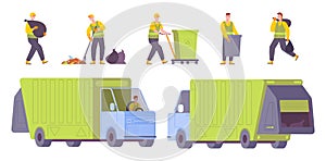 Garbage service workers. Rubbish management employee and waste truck, cleaner sweeping roads bin collector environmental