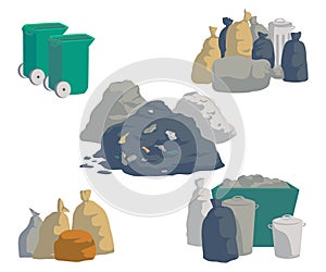 Garbage set. Bags, cans, bins, containers and pile of trash. Isolated objects on white background. Garbage recycling and utilizati
