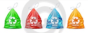 Garbage sorting bags. Realistic packages for glass and paper, metal and organic rubbish. Separate waste for recycling