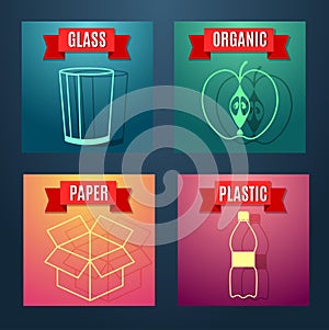 Garbage sorting flat icon with images symbols and text