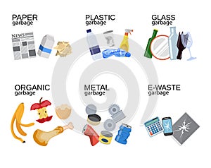 Garbage sorting food waste, glass, metal