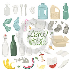 Garbage sorting: food waste, glass, metal and paper, plastic, organic. Vector Illustration. zero waste and secondary