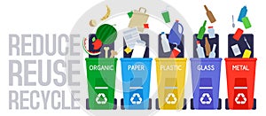 Garbage sorting and recycle background with color trash bins. Reduce reuse recycle slogan.
