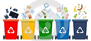 Garbage sorting set. Bins with recycling symbols for e-waste, plastic, metal, glass, paper, organic trash. Vector illustration for