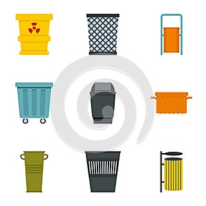 Garbage storage icon set, flat style