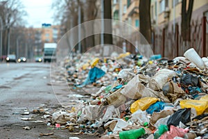 During garbage strike, overflowing piles of garbage are visible on streets.