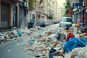 In garbage strike, overflowing waste piles of garbage are seen on streets of city.