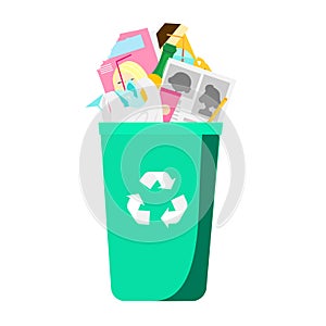 Garbage in trash bin. Household waste. Paper, plastic, glass and other rubbish. Isolated vector clip art