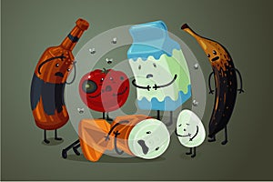 Garbage and trash cartoon character. Landfill vector background. Spoiled food illustration.