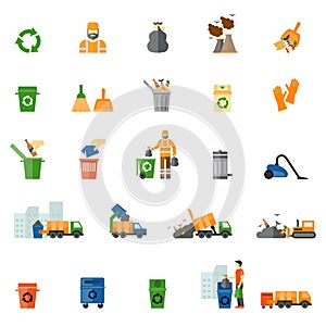 Garbage and trash flat icons set