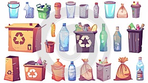 The garbage, trash, and litter bin isolated cartoon set. Old plastic cups, glass bottles, creased carton boxes, waste
