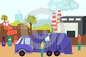 Garbage trash at waste recycle factory, vector illustration. Environment plant technology concept, flat industry for