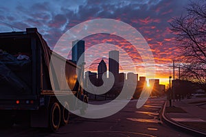 garbage truck with city skyline in the background at sunrise