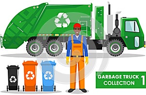 Garbage truck collection. Detailed illustration of garbageman, truck and different types of dumpsters on white