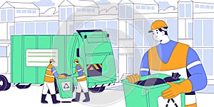 Garbage truck collects waste. Municipal workers clean city street. Sanitation service car for rubbish. Trash collectors